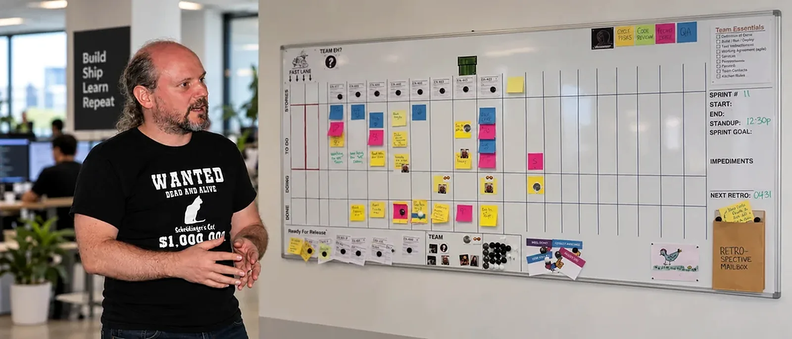 A Launch Ventures engineer leading a sprint review in front of the team board