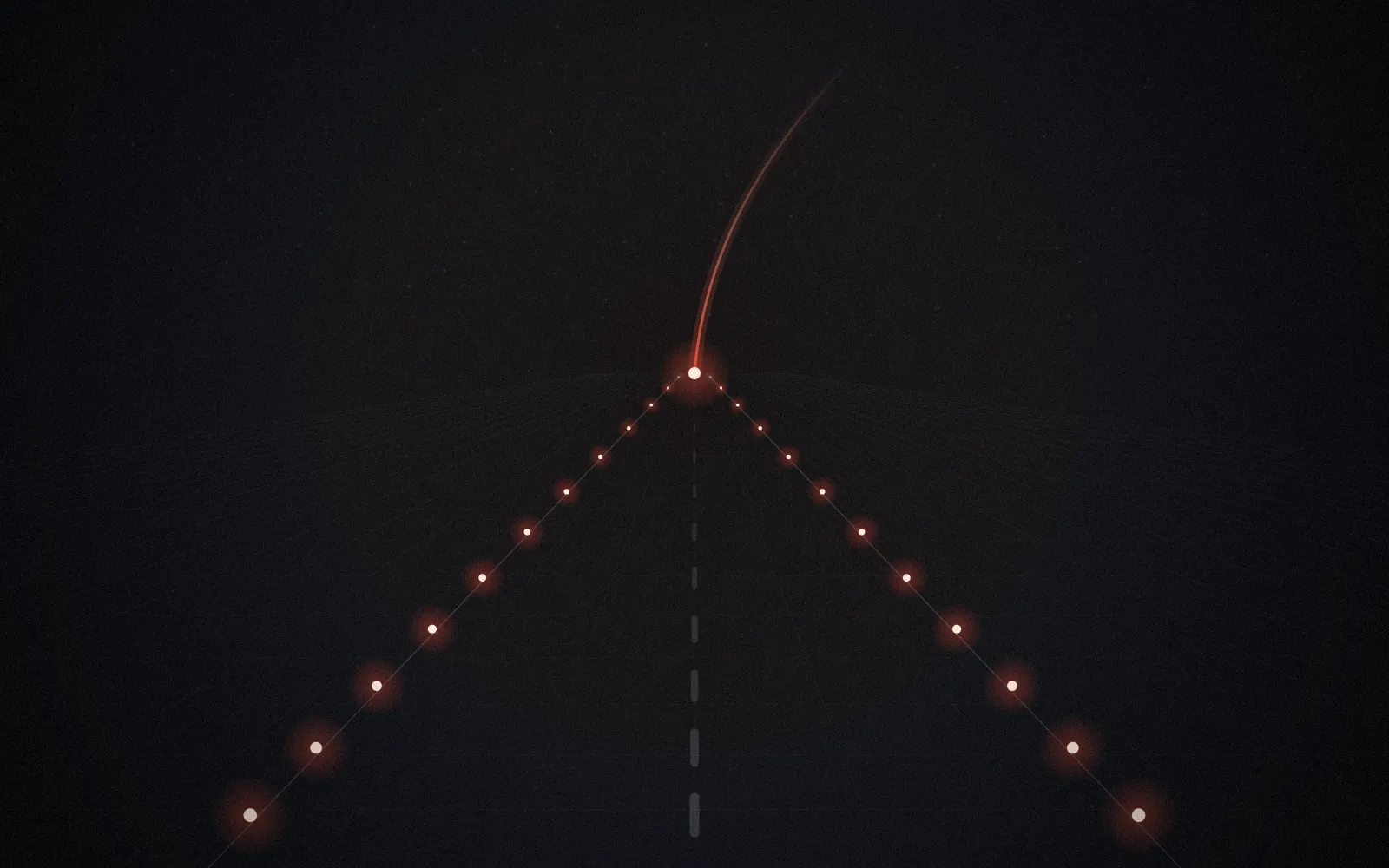 Abstract image: a dark runway lined with twelve pairs of lights, eleven glowing orange, leading to a lift-off streak