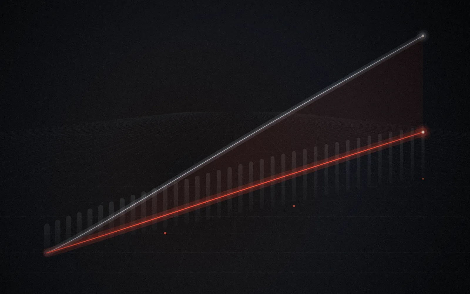 Abstract image: thirty-six columns receding into the distance, with a steep grey cost line pulling away from a shallow orange one